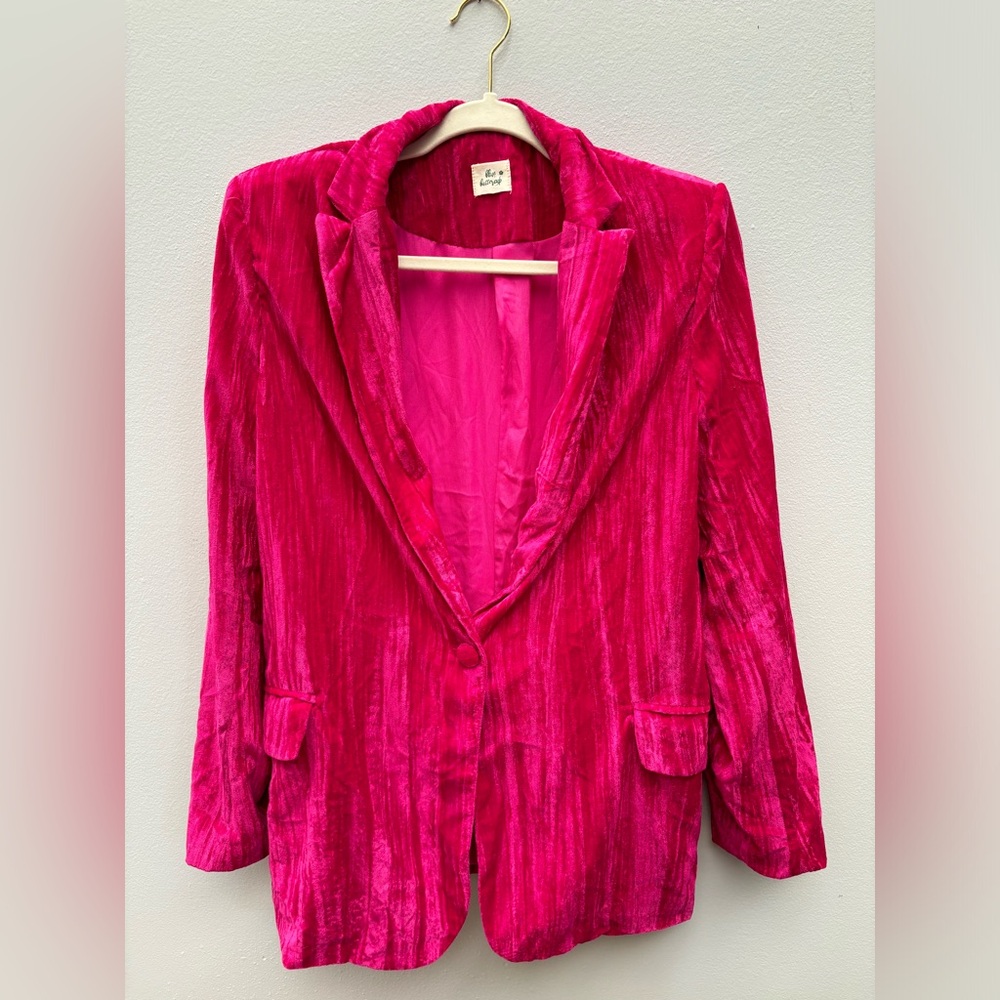 Fuchsia crushed velvet blazer with removable shoulder pads